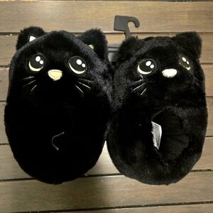 Source Unknown Black Cat Furry Slippers